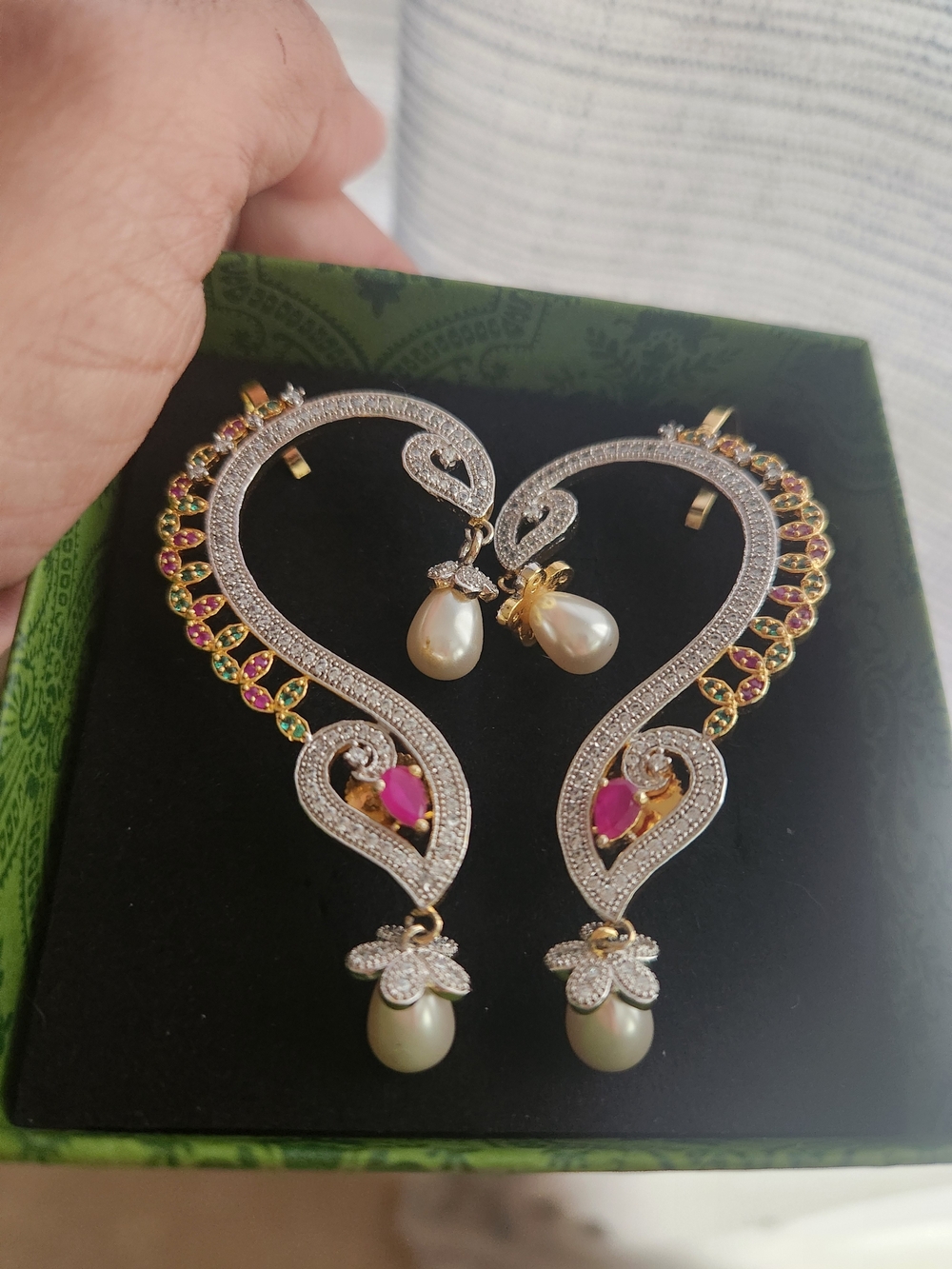 Stunning Bollywood-Style CZ &  Pearl Statement Ear Cuffs Gold Plated - Picture 2 of 4